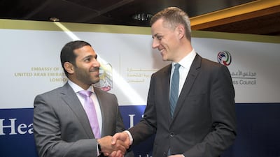 Mohamed Hamad Al Hameli, Acting Undersecretary of Department of Health, Abu Dhabi at a signing ceremony with Lord O'Shaughnessy, the UK's Parliamentary Under Secretary of State for Health at the UAE Healthcare & Life Sciences Forum in London. Stephen Lock/ The National