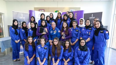 Nasa’s Dr Donald Thomas with pupils from Al Mizhar American Academy recently returned from a four-day training course at the Space Academy Singapore. The UAE plans to send a spacecraft to Mars by 2021. Victor Besa for The National