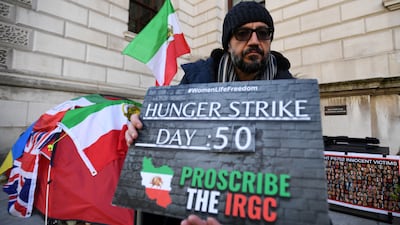 Mr Beheshti makes sure his point is clearly made on Day 50 of his hunger strike. EPA