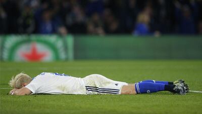 Dynamo Kiev’s Aleksandar Dragovic reacts after scoring an own goal for Chelsea on Wednesday night in their Champions League contest at Stamford Bridge. Andrew Coulridge / Action Images / Reuters