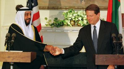 Sheikh Khalifa shakes hands with the former US vice president Al Gore, during a ceremony at the White House. AP Photo / May 12, 1998
