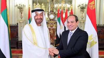 President Sisi receives Sheikh Mohamed at Ras al-Tin Palace. EPA