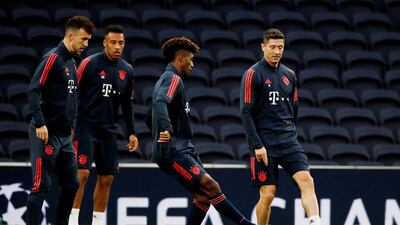 Bayern Munich's Robert Lewandowski, Corentin Tolisso and Ivan Perisic during training. Reuters