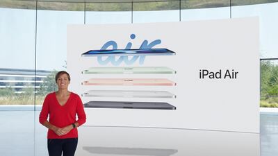 Apple's vice president of Hardware Engineering Laura Legros unveils the all-new iPad Air during a special event at the company's headquarters of Apple Park in a still image from video released in Cupertino, California, U.S. REUTERS