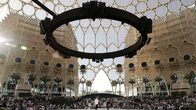 Seven-time Formula One world champion Lewis Hamilton during a Q&A session at Al Wasl Plaza at the Expo 2020 site in Dubai. Pawan Singh / The National
