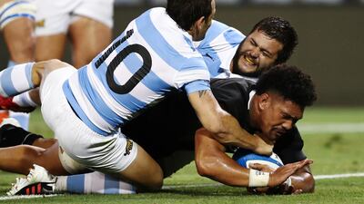 All Blacks' Ardie Savea goes over to score a try. Getty