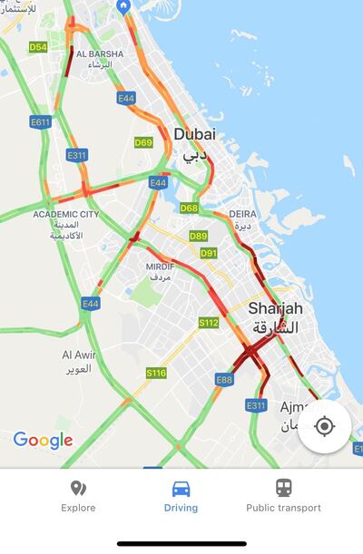 A traffic image shows the extent of the hold-ups around Sharjah first thing on Monday morning. Google Maps