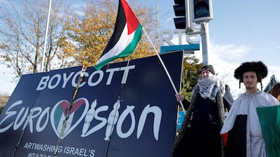 Pro-Palestinian protesters outside the Irish public service broadcaster RTE's television studios in Dublin. Reuters
