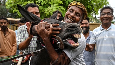 A rider celebrates with his animal after winning a donkey-cart race in Karachi, Pakistan. AFP