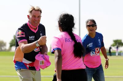 Shane Warne conducts a coaching session during a girls trials for Rajasthan Royals cricket academy on October 14, 2020 at The Sevens, Dubai. Chris Whiteoak / The National