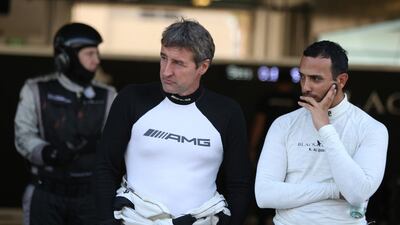 Bernd Schneider and Khaled Al Qubaisi at Thursday's Gulf 12 Hours qualifying session. Delores Johnson / The National