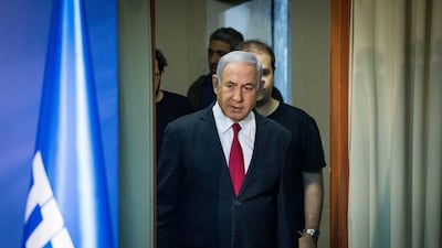 Israeli Prime Minister Benjamin Netanyahu walking into a press room to make a statement to the press in his offices on February 28, 2019 in Jerusalem, Israel. Getty