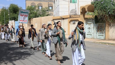 Houthi fighters march to recruit more fighters in Sanaa, Yemen, on September 10. EPA