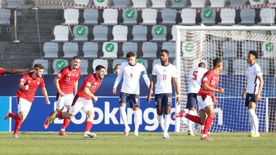 Dan Ndoye, second right, celebrates after scoring for Swizterland against England in the 2021 European Under-21 Championship Group D match. PA