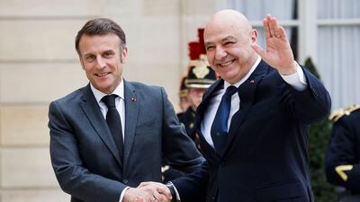 France's President Emmanuel Macron welcomes Lebanon's President Joseph Aoun during an official visit at the Elysee Presidential Palace in Paris. AFP