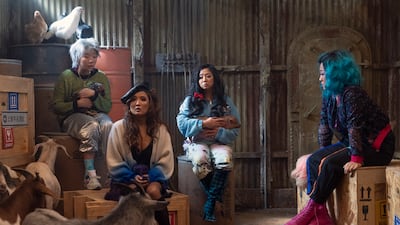 This image released by Lionsgate shows Sabrina Wu as Deadeye, from left, Ashley Park as Audrey, Stephanie Hsu as Kat and Sherry Cola as Lolo in a scene from "Joy Ride. " (Ed Araquel / Lionsgate via AP)