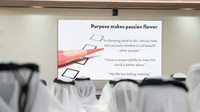 Guests attend a lecture by Angela Duckworth (not shown), titled ‘True Grit: The Surprising, and Inspiring Science of Success’, at Majlis Mohamed bin Zayed. Mohamed Al Hammadi / Crown Prince Court - Abu Dhabi