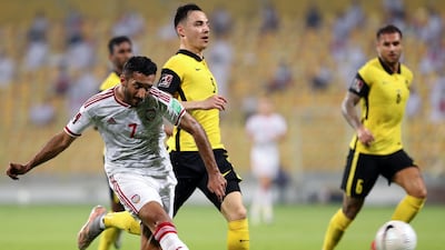 Ali Mabkhout of the UAE shoots at goal. Chris Whiteoak / The National