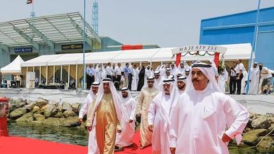 The Ruler of UAQ, Sheikh Saud bin Rashid Al Mu’allah, right, at the inauguration. With him are Sheikh Nahyan bin Mubarak, centre, and Mohammed Al Shaali, chairman of Gulf Craft, the Umm Al Quwain company that built the yacht.