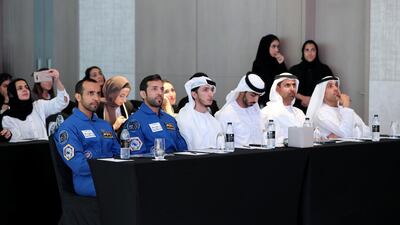 The UAE's first Emirati astronaut Hazza Al Mansouri and back-up astronaut Sultan Al Neyadi attend a press conference at Mohammed bin Rashid Space Centre announcing details of the next two Emiratis to join the country's astronaut programme