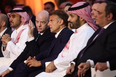 Saudi Crown Prince Mohammed bin Salman with French President Emmanuel Macron, centre, and Fifa president Gianni Infantino, second left, at the Games. AFP