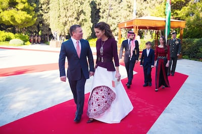 Queen Rania championed a Jordanian designer for the country's 70th Independence Day celebrations in 2016. Getty Images