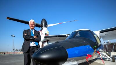 Alessandro Profumo, CEO of Leonardo at the Expo 2020 Dubai helicopter terminal with the AW609 TiltRotor aircraft. Victor Besa/The National.