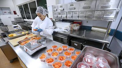 A chef prepares food items in the bakery section inside the kitchen at Dubai World Trade Centre. DWTC can cater to up to 60 events a day from meetings of 12, local weddings and full scale conferences. Pawan Singh / The National