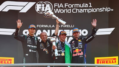 Second-placed George Russell, left, race winner Andrea Kimi Antonelli, second right, next to Max Verstappen who was third. EPA