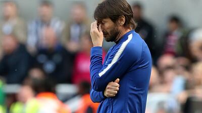 Chelsea manager Antonio Conte looks dejected at the final whistle after seeing his side lose 3-0 to Newcastle at St James' Park. Scott Heppell / Reuters