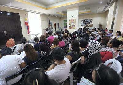 Dubai, August, 05, 2018: Phillipines Consul General of Dubai Paul Raymund Cortes briefs the Amnesty seekers at the consulate in Dubai. Satish Kumar for the National/ Story by Nick Webster
