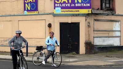 Pro-Brexit boards are displayed on a building in Redcar, north east England. AFP