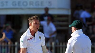 Dale Steyn, left, took four Australia wickets on Day 4 of the second Test at Port Elizabeth. Themba Hadebe / AP Photo