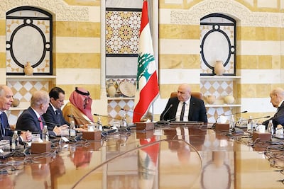 Lebanese President Joseph Aoun meets Saudi Arabia's envoy to Lebanon, Prince Yazid bin Farhan, and French envoy Jean-Yves Le Drian, at the Presidential Palace in Baabda. AFP