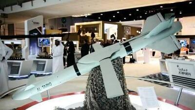 Tawazun’s long range strap-on bomb kit called Al Tariq on display at the exhibition where scores of people descended to look at, sell, and buy various products that deal with defence and combat operations. Lee Hoagland / The National