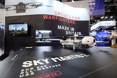A Sky Mantis 2 drone is displayed on the Evolve Dynamics exhibition stand at DSEI. Getty Images