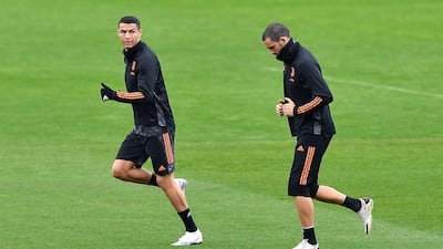 Cristiano Ronaldo and Leonardo Bonucci of Juventus train. EPA