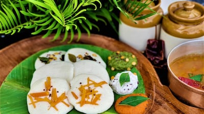 Idli is made from parboiled rice and black lentils, and served with colourful chutneys.