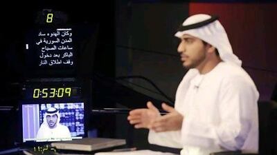 Majed Al Faresi, a news presenter for Sky News Arabia, does a mock on-air session in Abu Dhabi. Sammy Dallal / The National