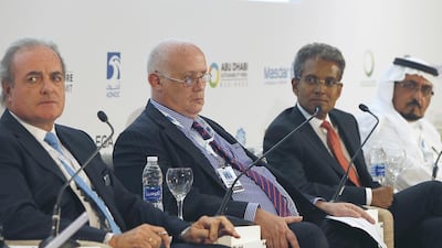 From right: Abdullah Al Shehri, the Governor of the Saudi electricity and cogeneration regulatory authority; Paddy Padmanathan, the chief executive of Acwa Power ; Duncan Allison, the managing director and regional head of power and renewables at HSBC; and Roberto de Diego Arozamena, the chief executive of Abdul Latif Jameel Energy and Environmental Services, at a panel discussion on Financing Saudi Arabia’s Renewable Energy Strategy. Ravindranath K / The National