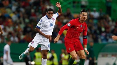 Portugal's Cristiano Ronaldo, right, dribbles past Luxembourg's Leandro Barreiro Martins during the Euro 2020 group B qualifying soccer match between Portugal and Luxembourg at the Jose Alvalade stadium in Lisbon. AP Photo