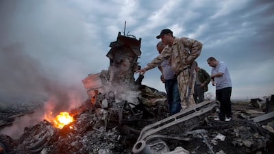 The crash site of Malaysia Airlines flight MH17 near the village of Hrabove in Russian-controlled Donetsk, Ukraine, in 2014. AP