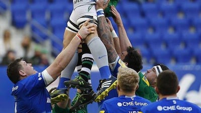 Saracens’ Michael Rhodes, left, and London Irish’s Luke Narraway go up for the ball during a line out in the first half of an English Premiership rugby match at Red Bull Arena, Saturday, March 12, 2016, in Harrison, NJ (AP Photo/Julio Cortez)