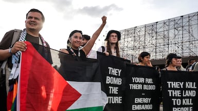 People participate in a protest against Israel and in support of Palestine near the Cop30 summit in Belem, Brazil. EPA