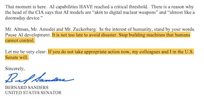 An excerpt of the letter from Bernie Sanders. Photo: Senator Bernie Sanders