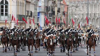 Members of the Portuguese National Republican Guard in Lisbon during a welcome ceremony as part of the Pope's five-day visit to attend the World Youth Day gathering of young Catholics. AFP