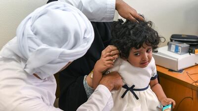 Abu Dhabi, United Arab Emirates - Seta Abdulla Ali, 2, cochlear implants are being placed for her loss of hearing at Sheikh Khalifa Medical City in Abu Dhabi. Khushnum Bhandari for The National