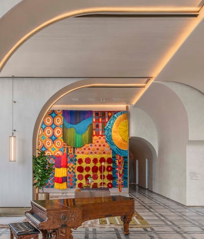 Thai textile artist Ploenchan 'Mook' Vinyaratn's Blockwilt (2024) serves as the artistic centre of the lobby at Andaz One Bangkok. Photo: Hyatt
