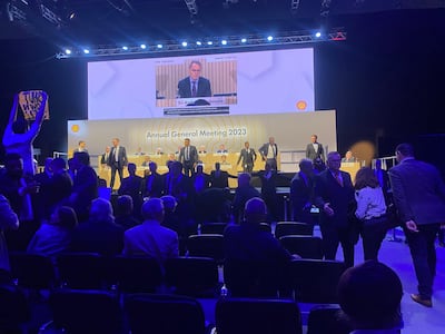 Protesters at the ExCel Centre in east London during oil giant Shell's annual meeting. PA