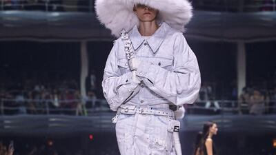 Oversized fur hats and denim jackets brought a distinctly noughties feel to the collection. AFP